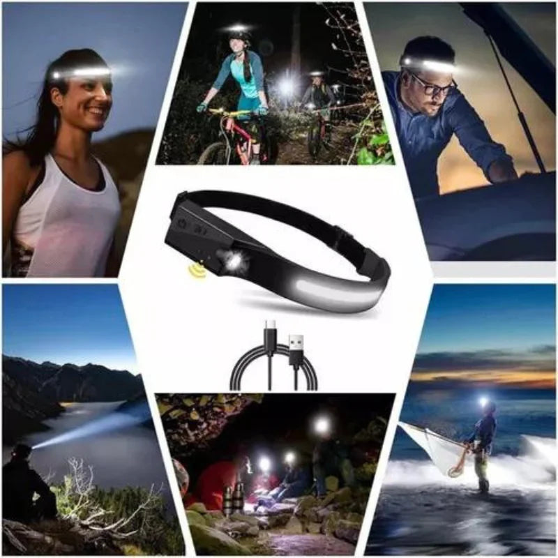 Lanterna de Cabeça Recarregável Led Body Motion Camping Torch Light Lamp Com USB