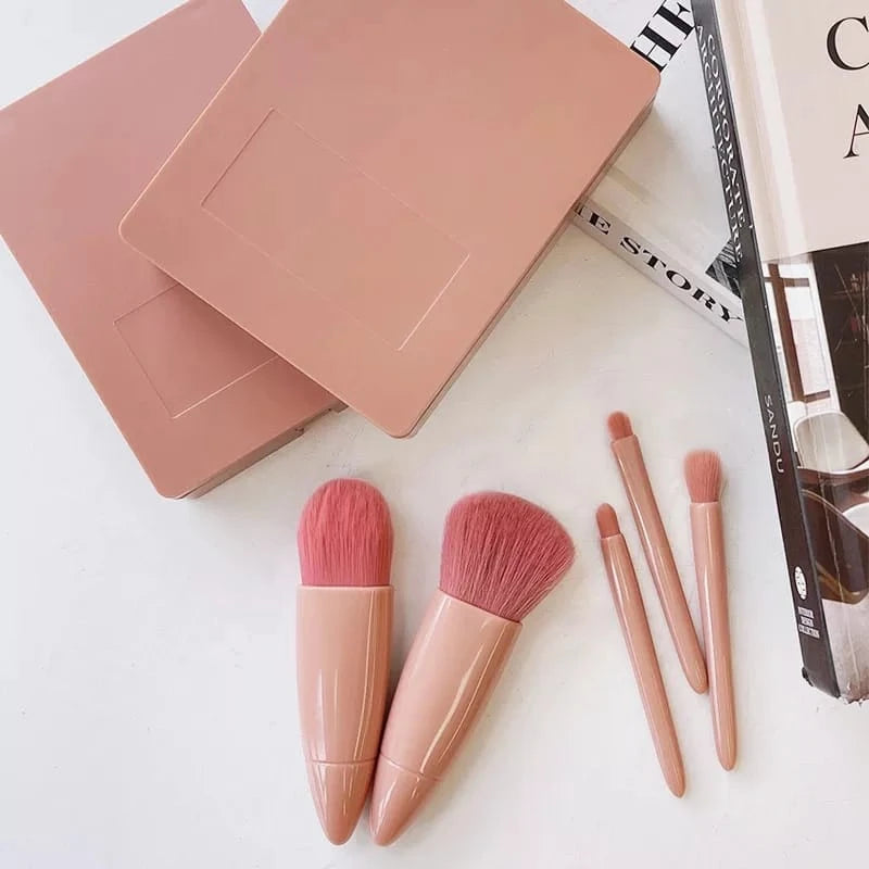 Kit de Pinceis c/ Espelho Mini Makeup Mirror With 5 Pcs Makeup Brushes