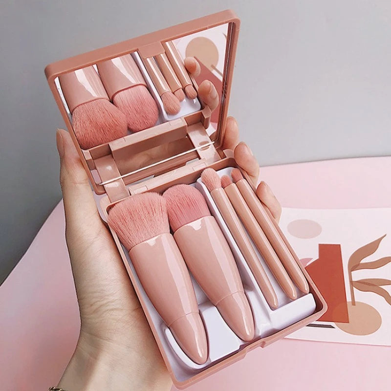 Kit de Pinceis c/ Espelho Mini Makeup Mirror With 5 Pcs Makeup Brushes