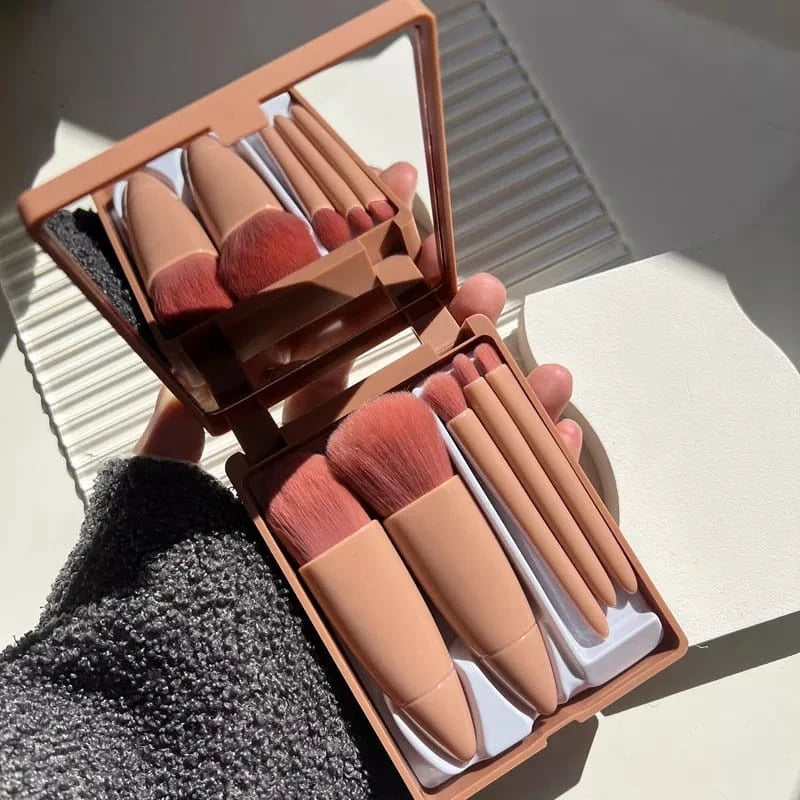 Kit de Pinceis c/ Espelho Mini Makeup Mirror With 5 Pcs Makeup Brushes