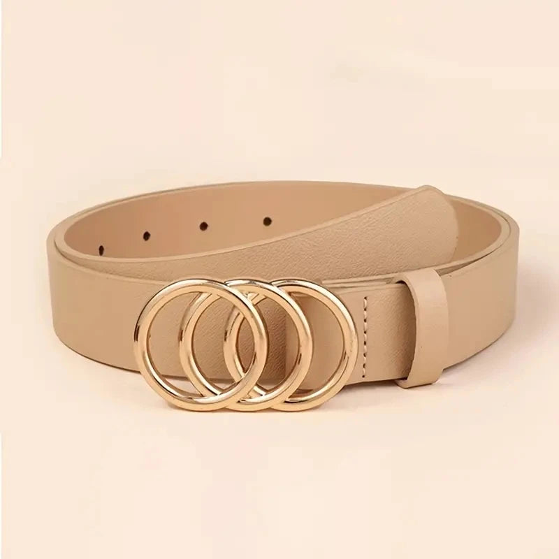 Golden Triple Ring Buckle Belts Simple Solid Color PU Leather Waistband Classic Jeans Pants Belt Dress Coat Girdle For Women