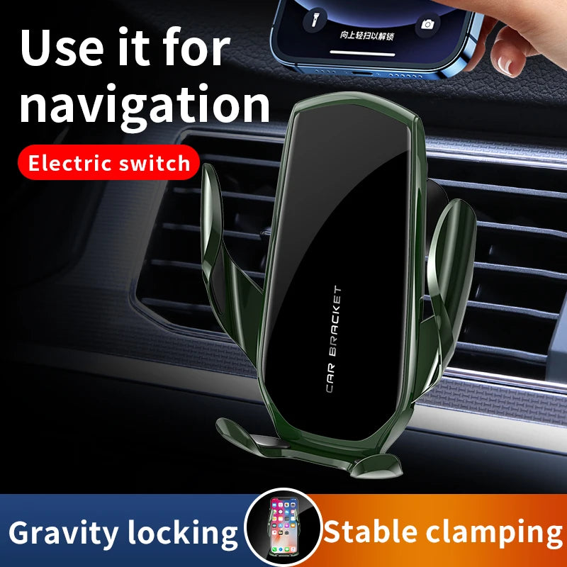 Carregador por Indução  Suporte de ventilação de ar para smartphone móvel Suporte GPS de montagem de carro em suporte de carro para iPhone Xiaomi Samsung Huawei