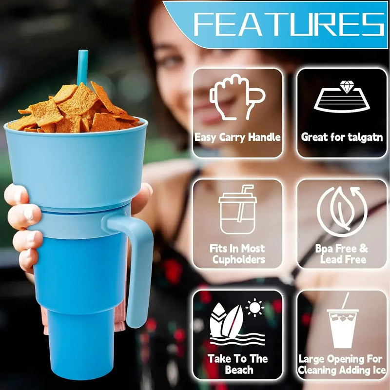 Copo de bebida 2 em 1 para lanches com canudo Copo de estádio Garrafa de água Canudo à prova de respingos à prova de vazamentos portátil para adultos e crianças Viagem de cinema