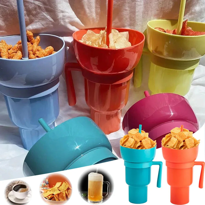Copo de bebida 2 em 1 para lanches com canudo Copo de estádio Garrafa de água Canudo à prova de respingos à prova de vazamentos portátil para adultos e crianças Viagem de cinema