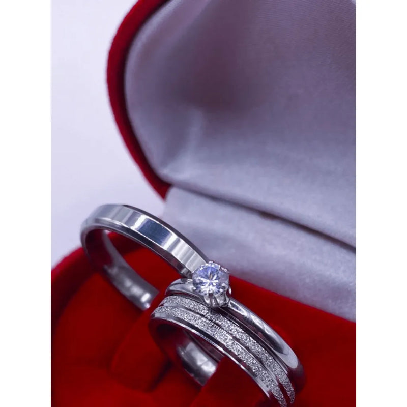 Couple of Valentine's Wedding Ring Shiny Silver Diamond and Ben + Thin Lonely Ring