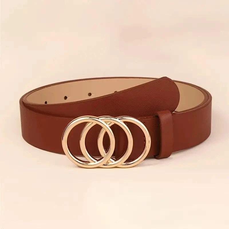 Golden Triple Ring Buckle Belts Simple Solid Color PU Leather Waistband Classic Jeans Pants Belt Dress Coat Girdle For Women