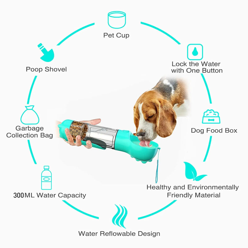 Garrafa de água para cães 550ML 4 em 1 dispensador portátil de tigela de água para animais de estimação copo de água de viagem para cães gatos com pá de coleta de cocô para caminhar