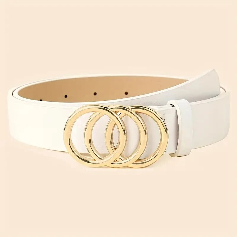 Golden Triple Ring Buckle Belts Simple Solid Color PU Leather Waistband Classic Jeans Pants Belt Dress Coat Girdle For Women