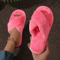 Fashion Cross Strap Fur Slippers Women Indoor Light Warm Plush Home Slippers Woman Faux Fur Flat Heel Couple Slides Plus Size 43