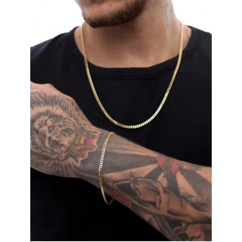 2 PCs Kit Jewelry Set Chain Grumet Necklace and Bracelet Men's Fashion Gold Plated Stainless Steel 316L 2.0mm