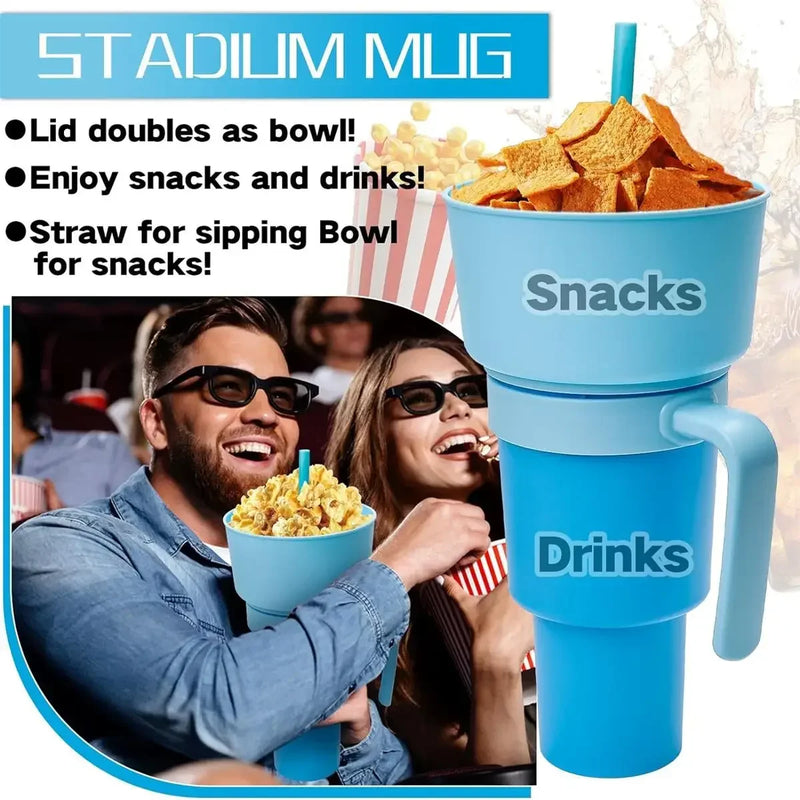 Copo de bebida 2 em 1 para lanches com canudo Copo de estádio Garrafa de água Canudo à prova de respingos à prova de vazamentos portátil para adultos e crianças Viagem de cinema