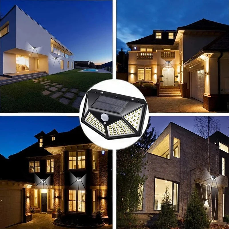 Lâmpada de parede solar LED com sensor de movimento, 4 lados, luminoso, impermeável, ao ar livre, jardim, pátio,